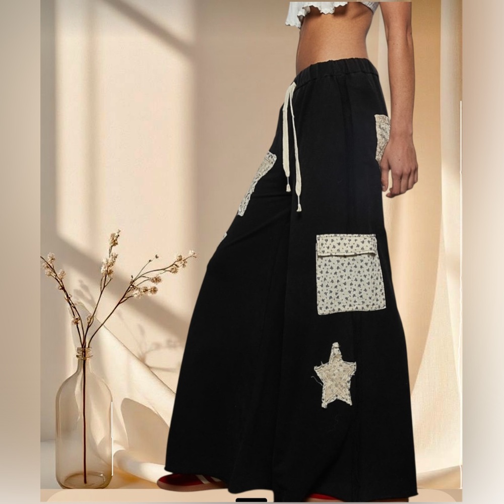 POL POL Black Star Patch Pants | Bohemian Vintage Washed French Terry - Picture 8 of 11